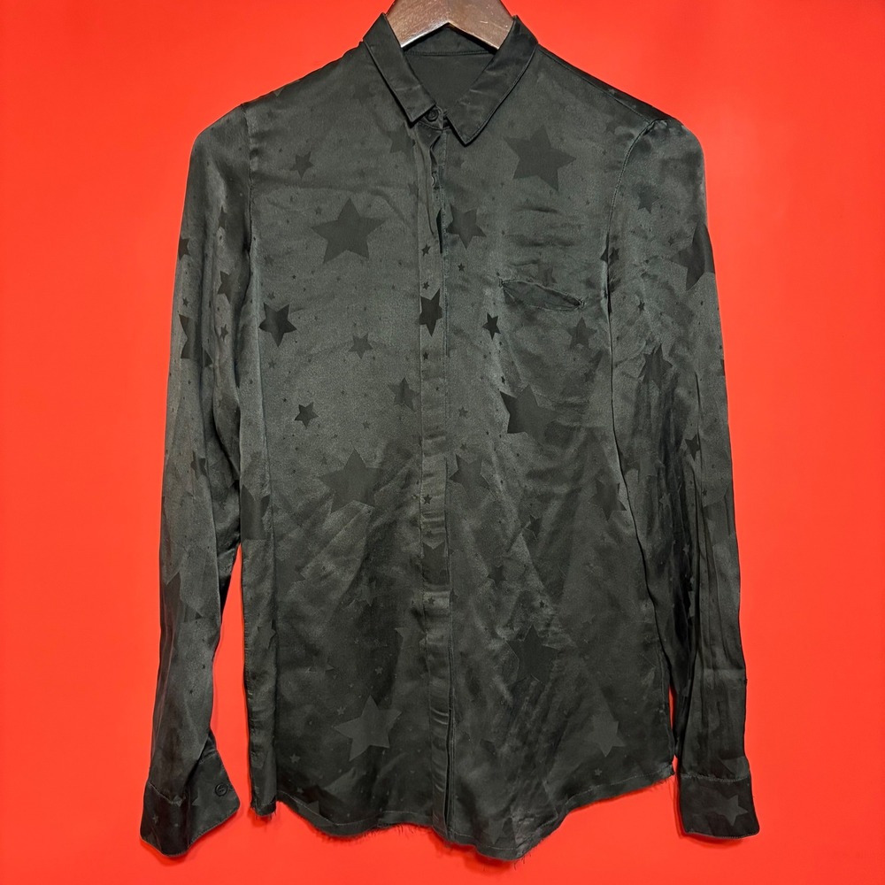 R+A Star Print Black Button Down Shirt XS Long Sleeve Casual Party‎